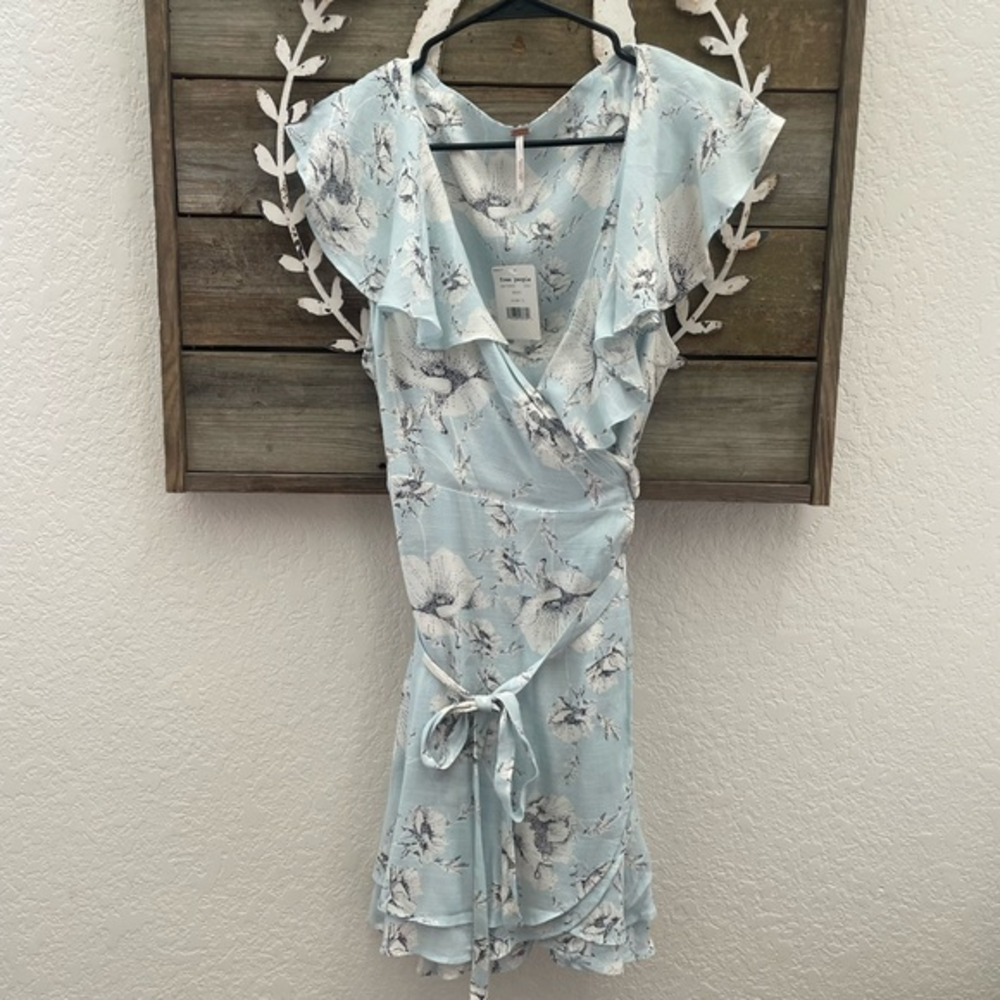 Free People mint floral wrap mini dress size L NWT